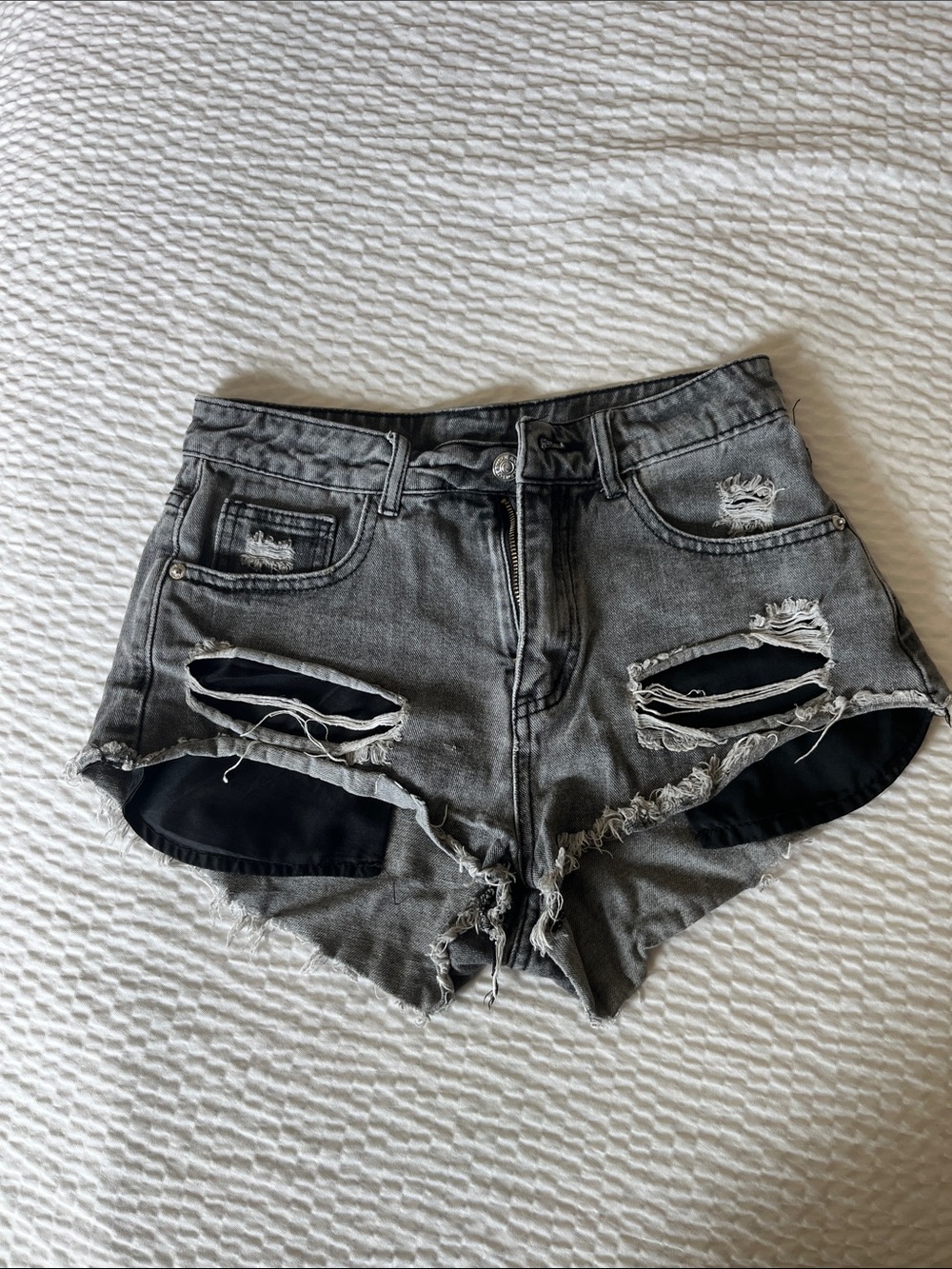 SHEIN Gray Distressed High-Waist Ripped Denim Shorts